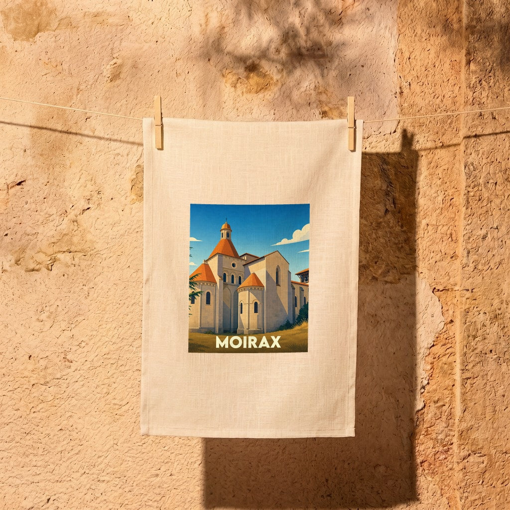 Torchon souvenir de la ville de Moirax avec une illustration stylisée de son église.