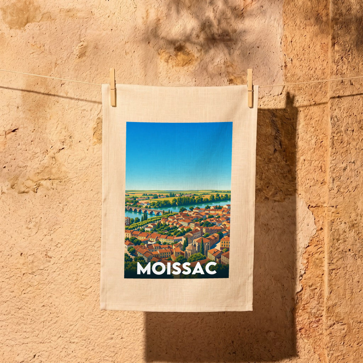 Torchon souvenir de la ville de Moissac avec une illustration stylisée et panoramique.