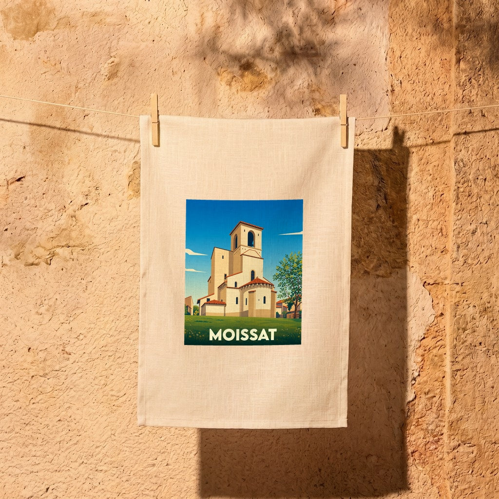 Torchon souvenir de la ville de Moissat avec une illustration stylisée de son église romane.