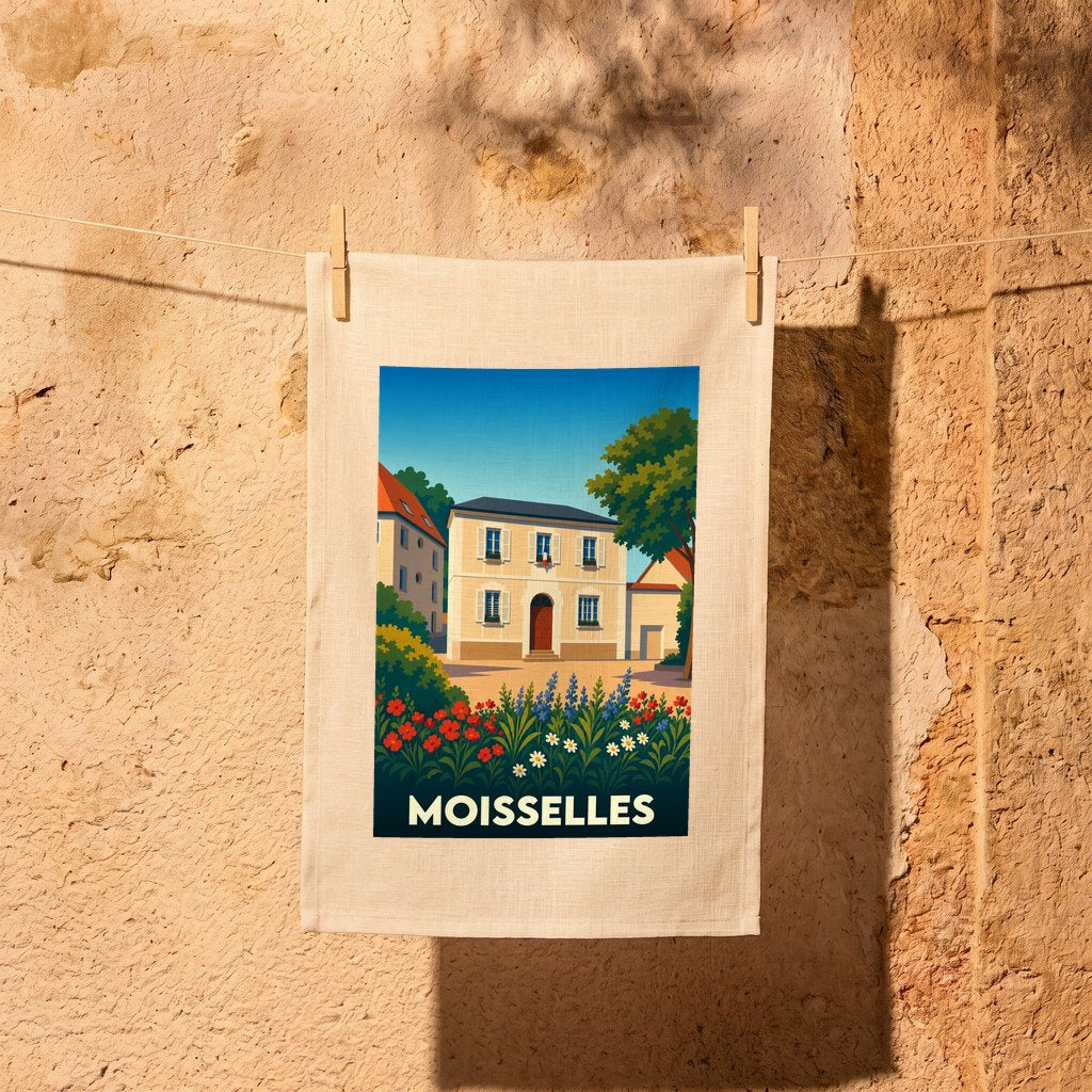 Torchon souvenir de la ville de Moisselles avec une illustration stylisée.