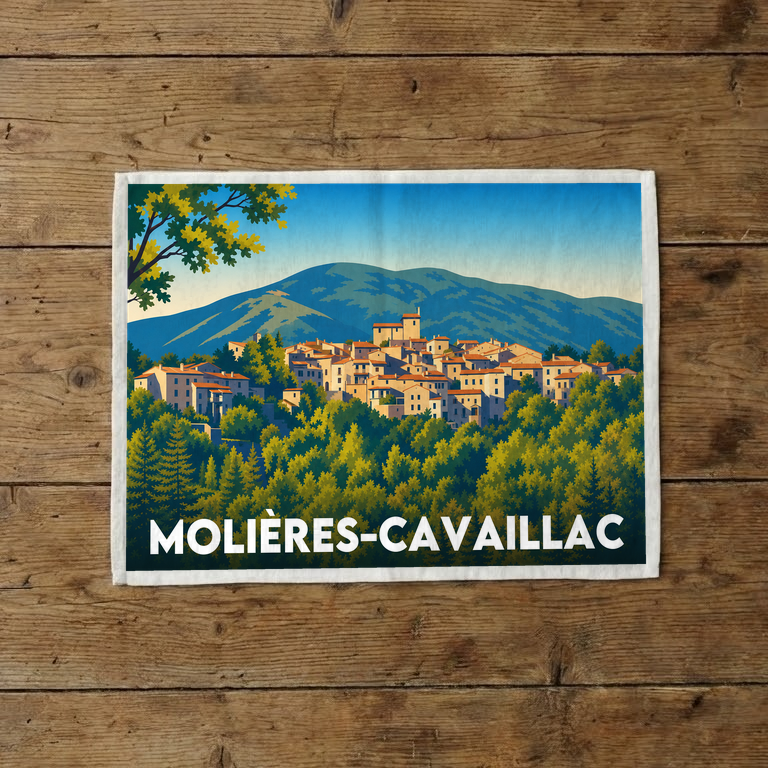 Torchon souvenir de la ville de Molières-Cavaillac avec une illustration stylisée du village.