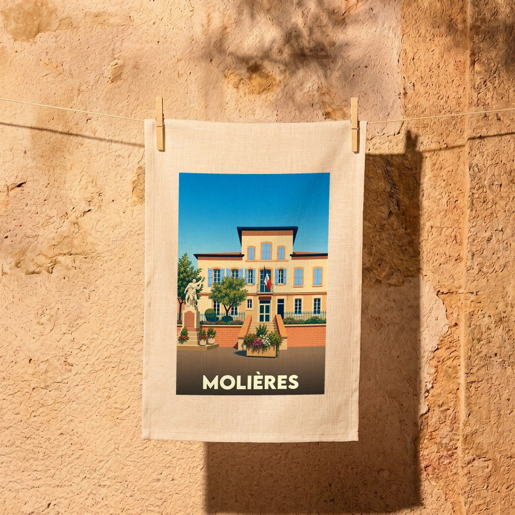 Torchon souvenir de la ville de Molières orné d'une illustration stylisée de sa mairie.