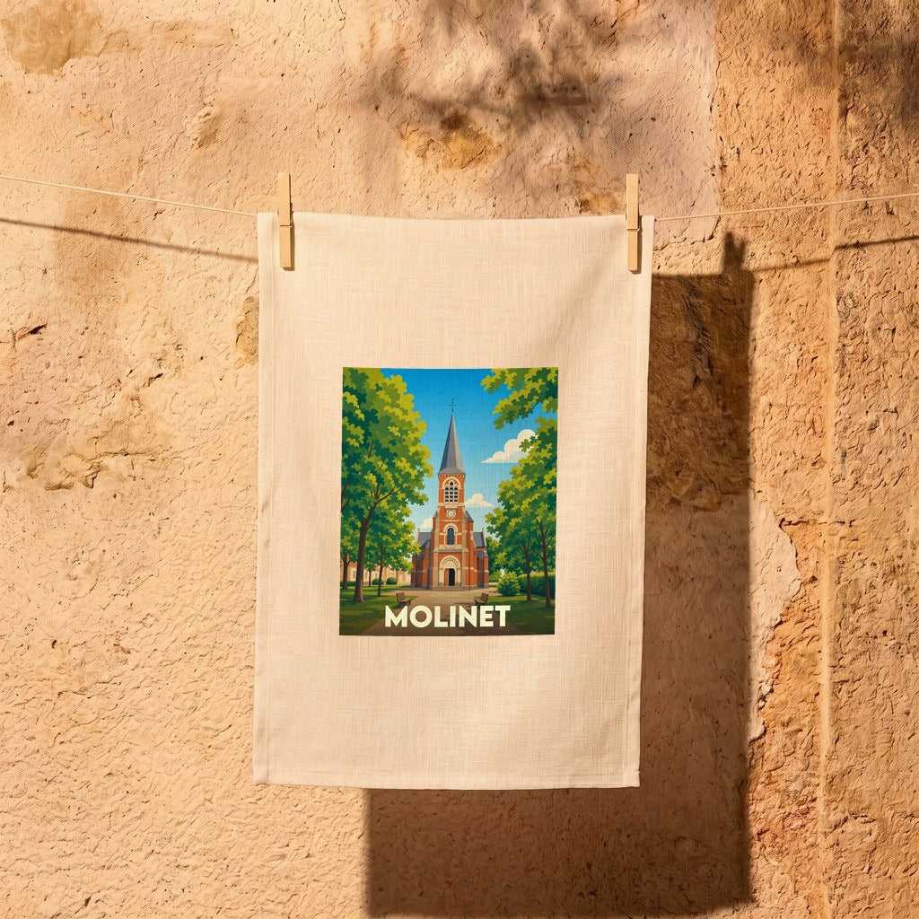 Torchon souvenir de la ville de Molinet orné d'une illustration stylisée de son église et de son parc.