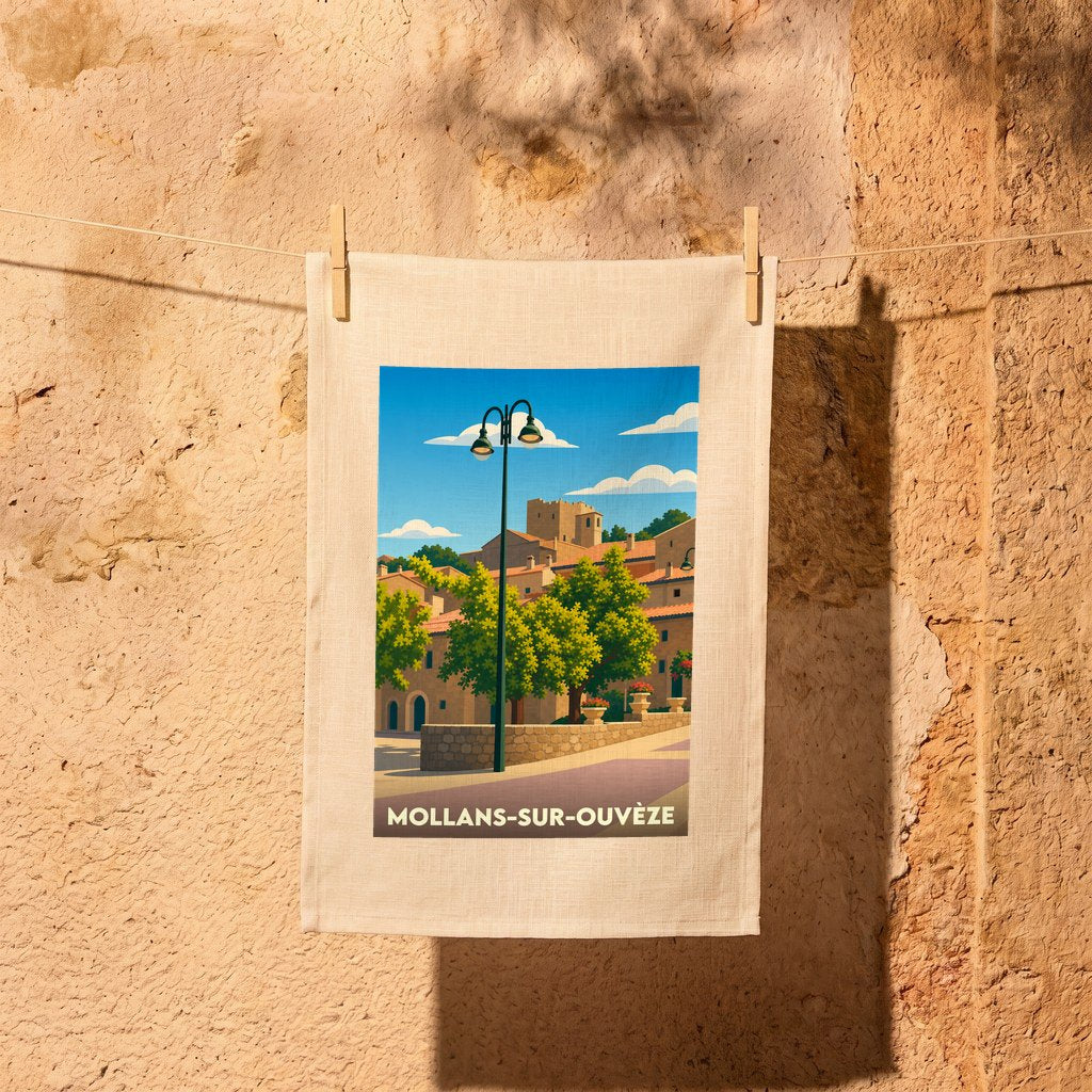 Torchon souvenir de la ville de Mollans-sur-Ouvèze avec une illustration stylisée.