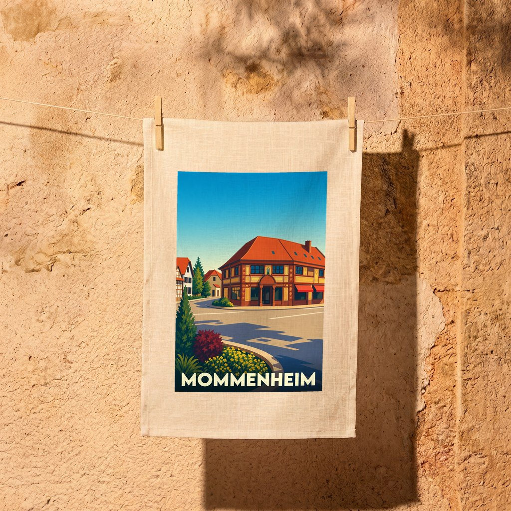 Torchon souvenir de la ville de Mommenheim avec une illustration stylisée d'une rue pittoresque.