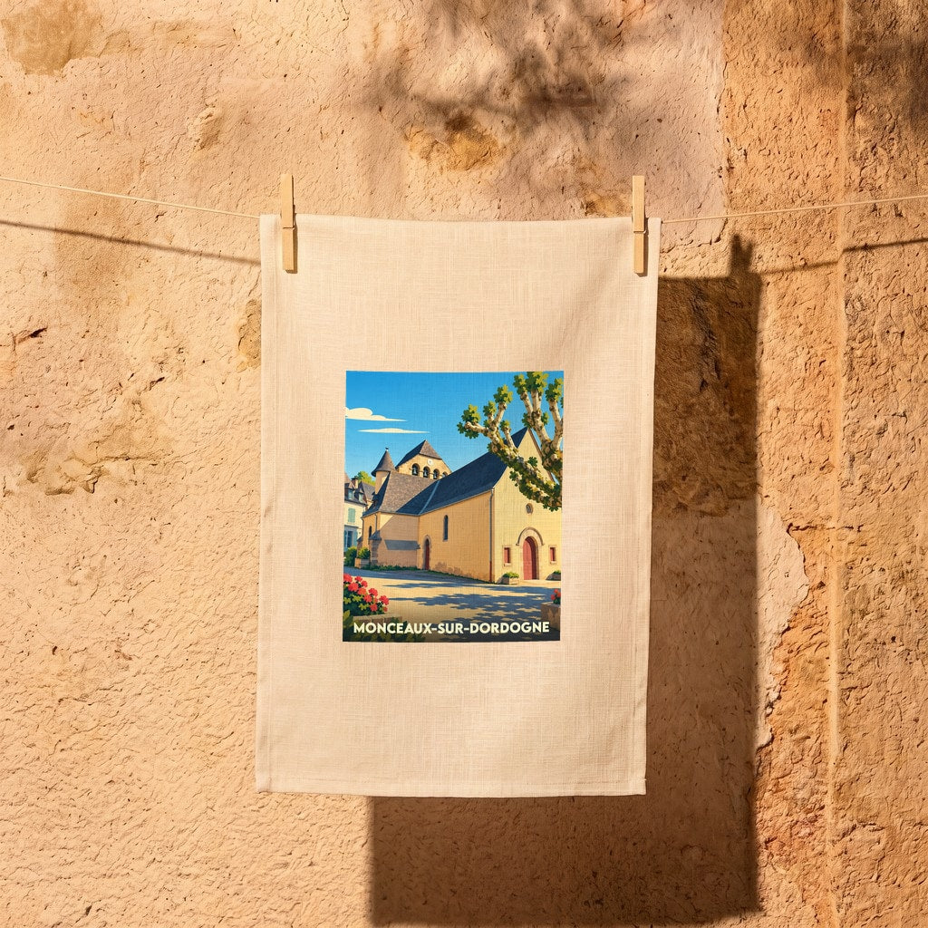 Torchon souvenir de la ville de Monceaux-sur-Dordogne avec une illustration stylisée.