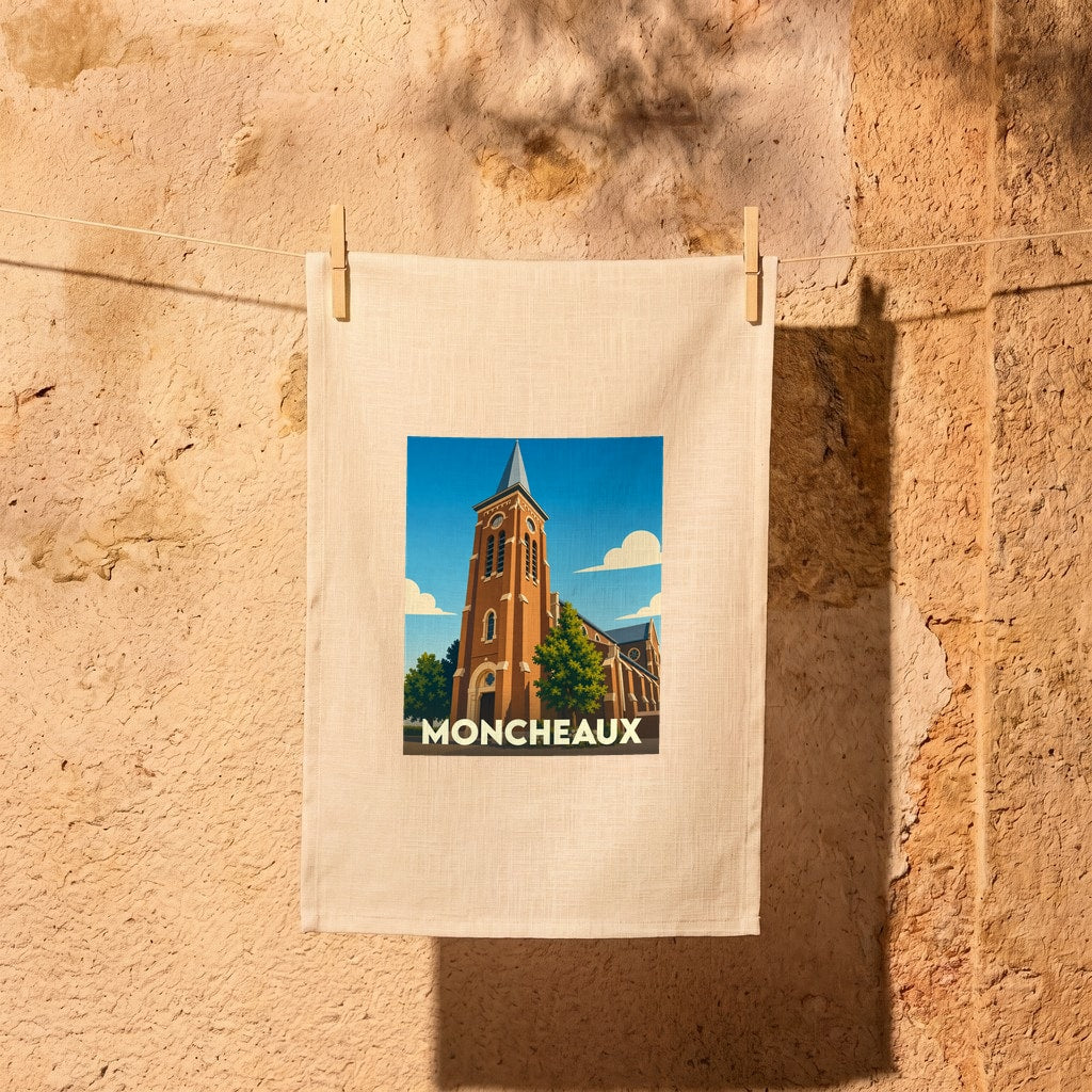 Torchon souvenir de la ville de Moncheaux avec une illustration stylisée d'une église.