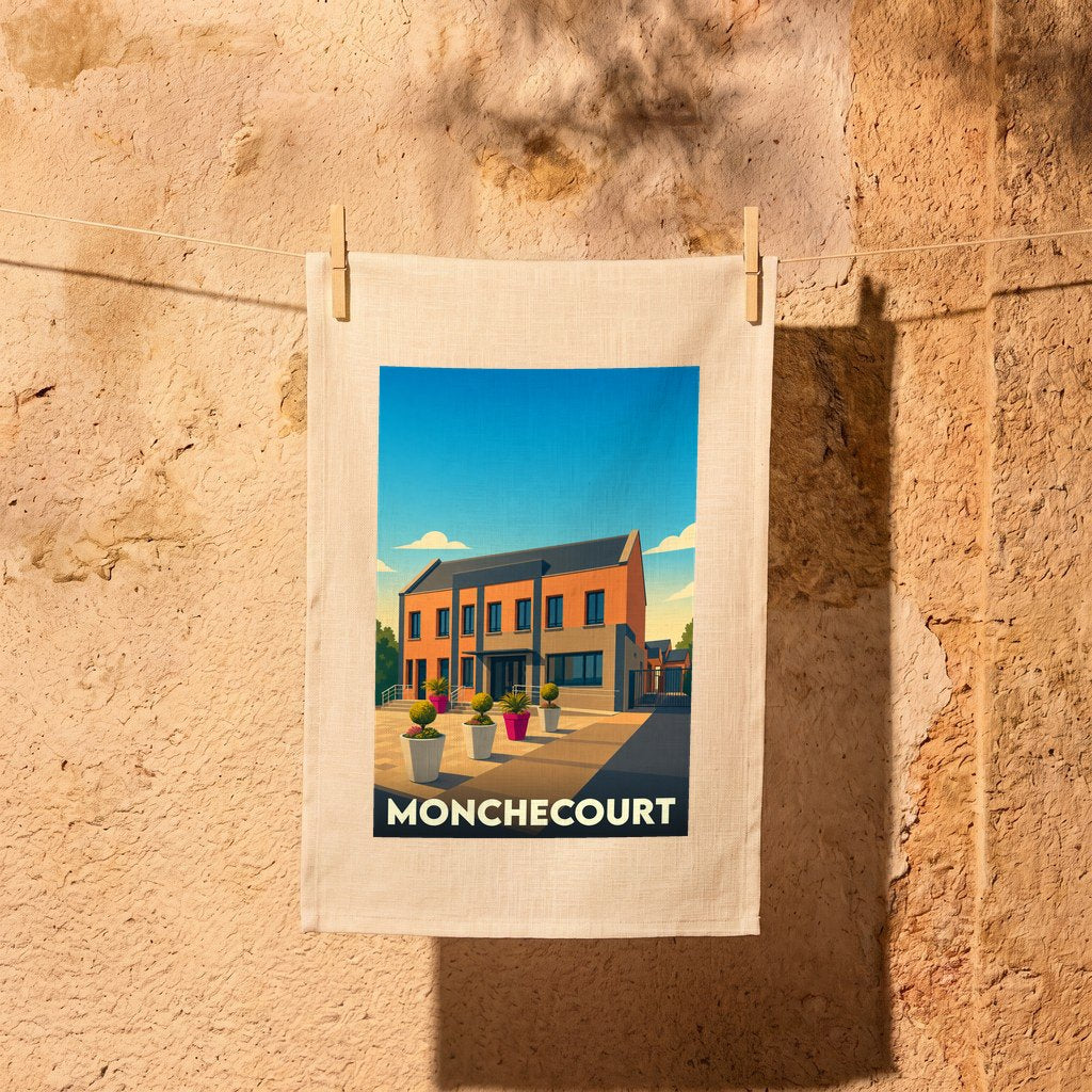 Torchon souvenir de la ville de Monchecourt avec une illustration stylisée de l'hôtel de ville.