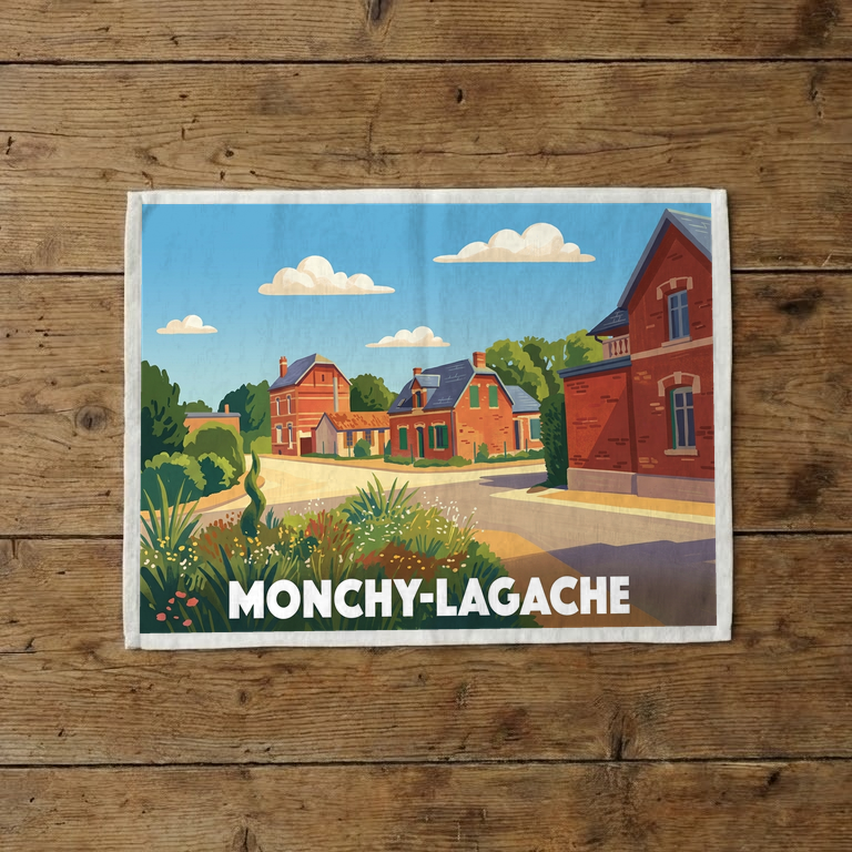 Torchon souvenir de la ville de Monchy-Lagache avec une illustration stylisée.