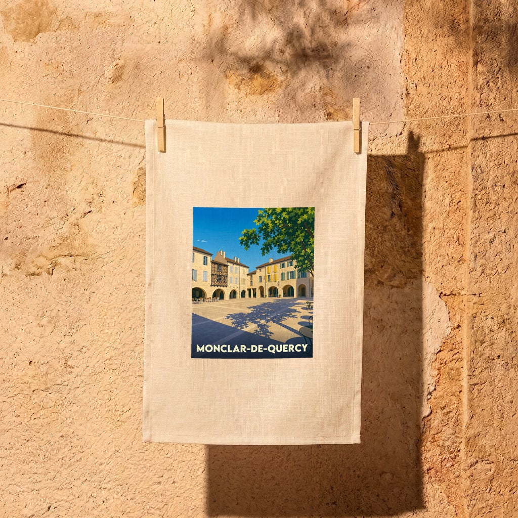 Torchon souvenir de la ville de Monclar-de-Quercy avec une illustration stylisée de sa place centrale.