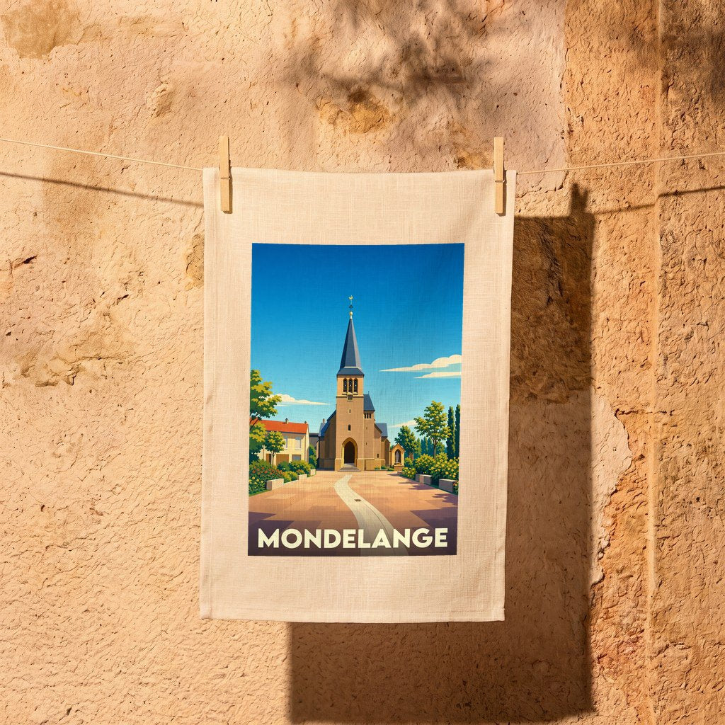 Torchon souvenir de la ville de Mondelange avec une illustration stylisée de son église.