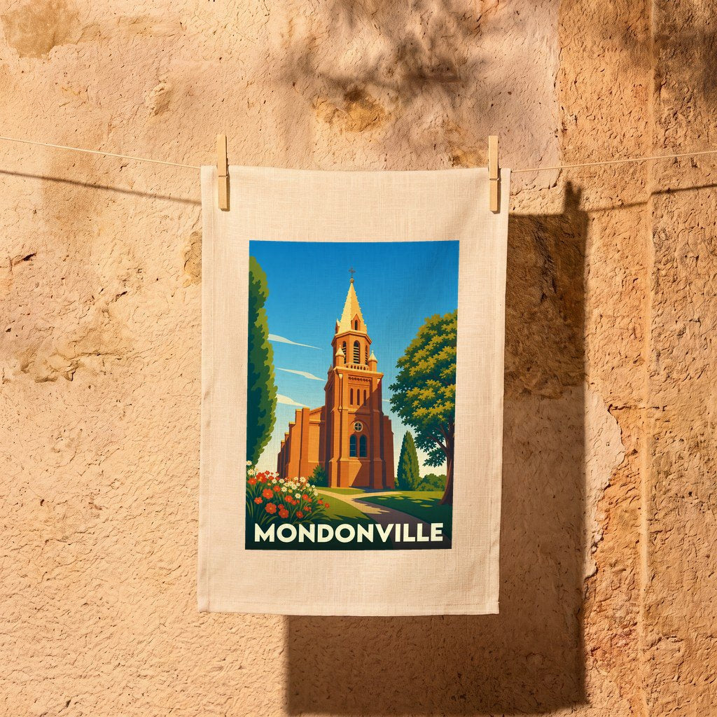 Torchon souvenir de la ville de Mondonville avec une illustration stylisée de son église.