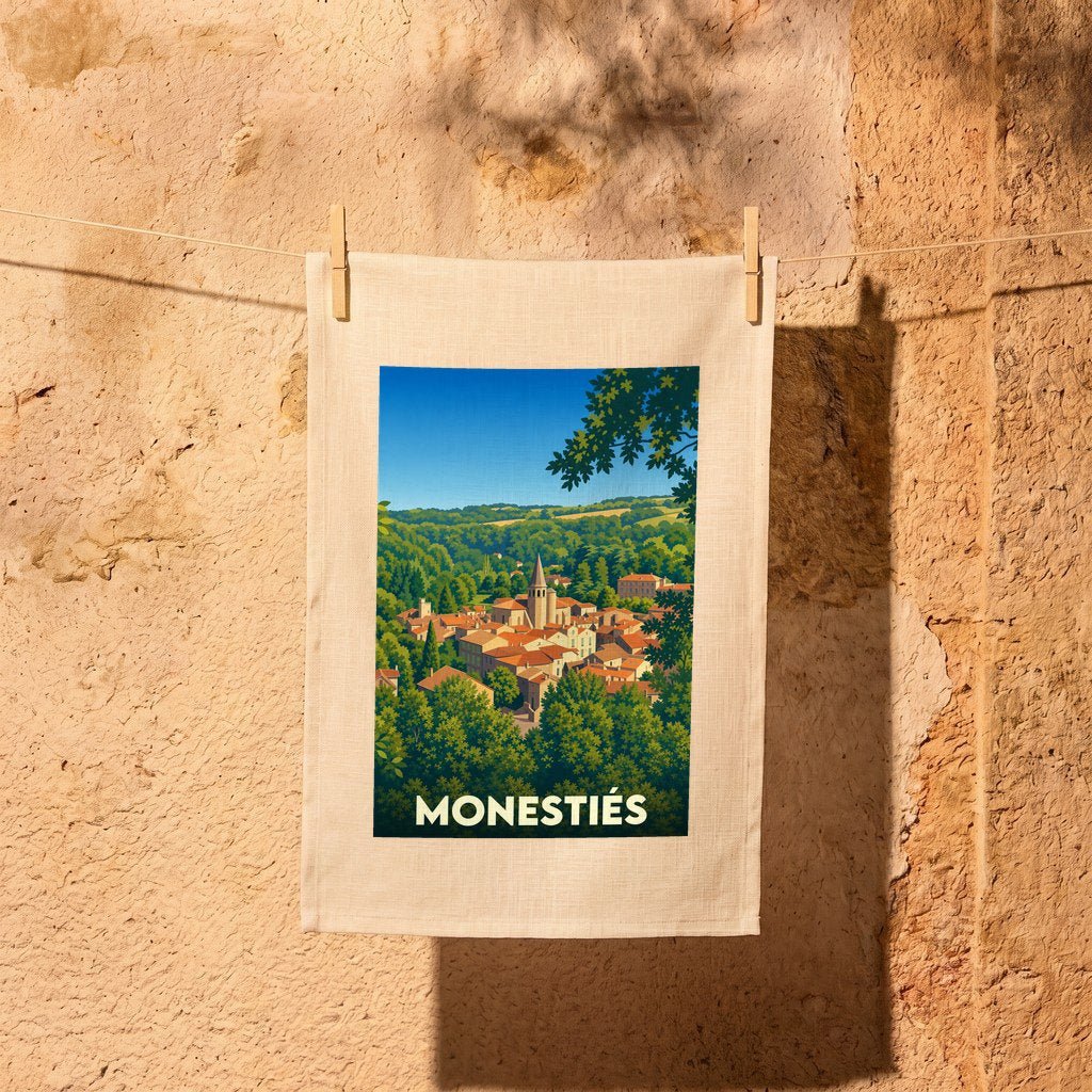 Torchon souvenir de la ville de Monestiés avec une illustration stylisée d'un village médiéval.