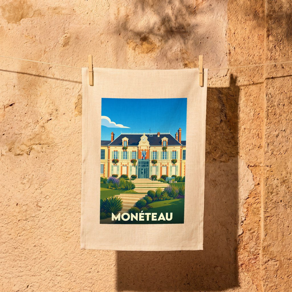 Torchon souvenir de la ville de Monéteau avec une illustration stylisée.