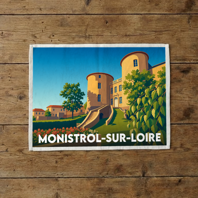 Torchon souvenir de la ville de Monistrol-sur-Loire avec une illustration stylisée du château et de ses tours.