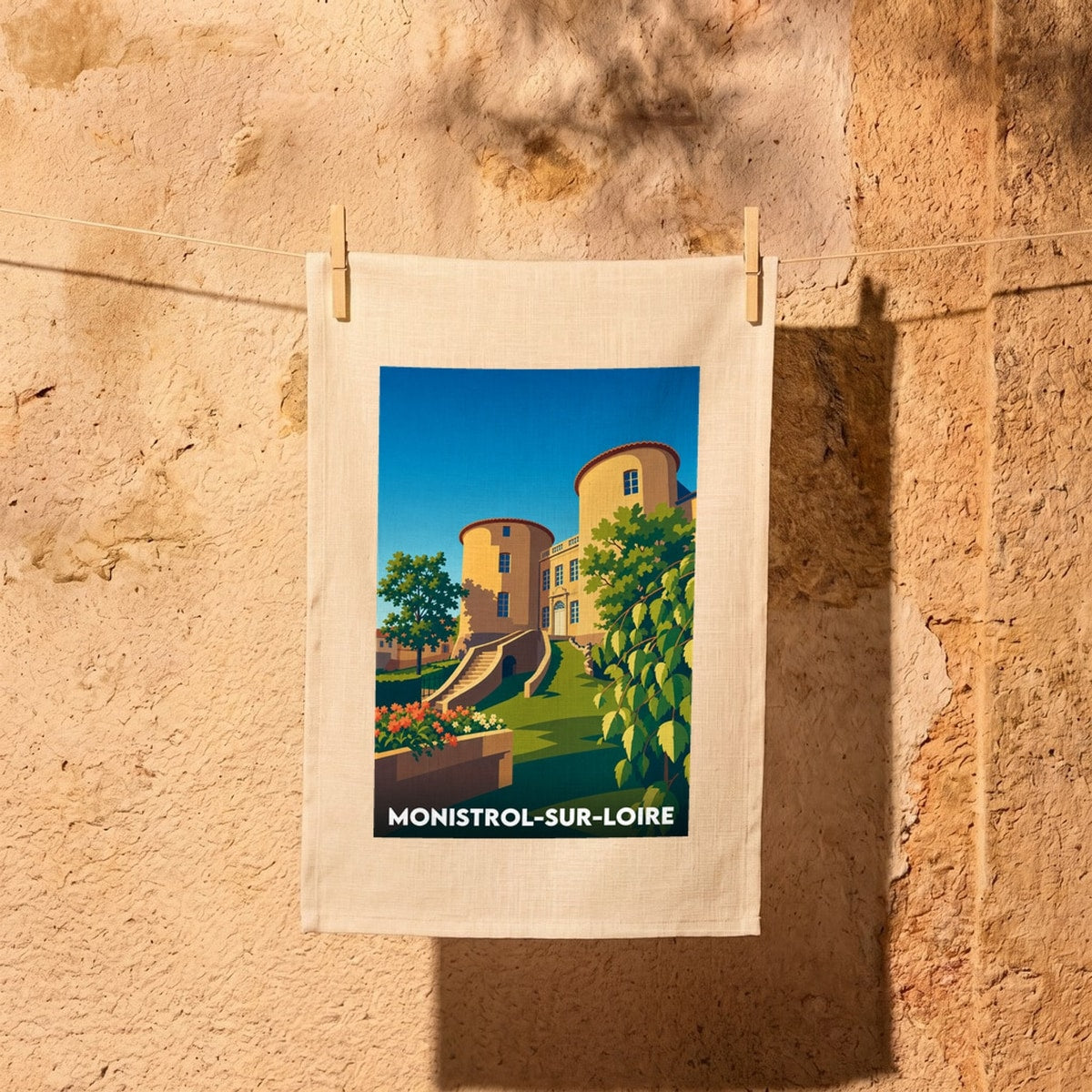 Torchon souvenir de la ville de Monistrol-sur-Loire avec une illustration stylisée du château et de ses tours.