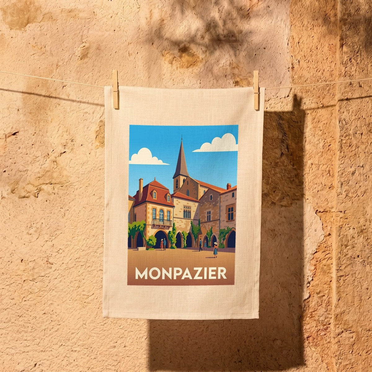 Torchon souvenir de la ville de Monpazier avec une illustration stylisée.