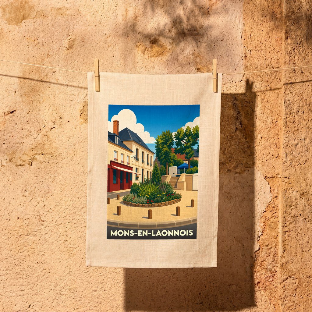 Torchon souvenir de la ville de Mons-en-Laonnois orné d'une illustration stylisée de son centre historique.