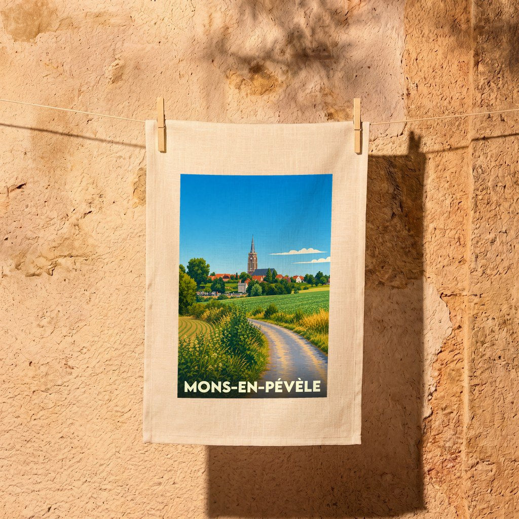 Torchon souvenir de la ville de Mons-en-Pévèle avec une illustration stylisée d'un paysage champêtre.