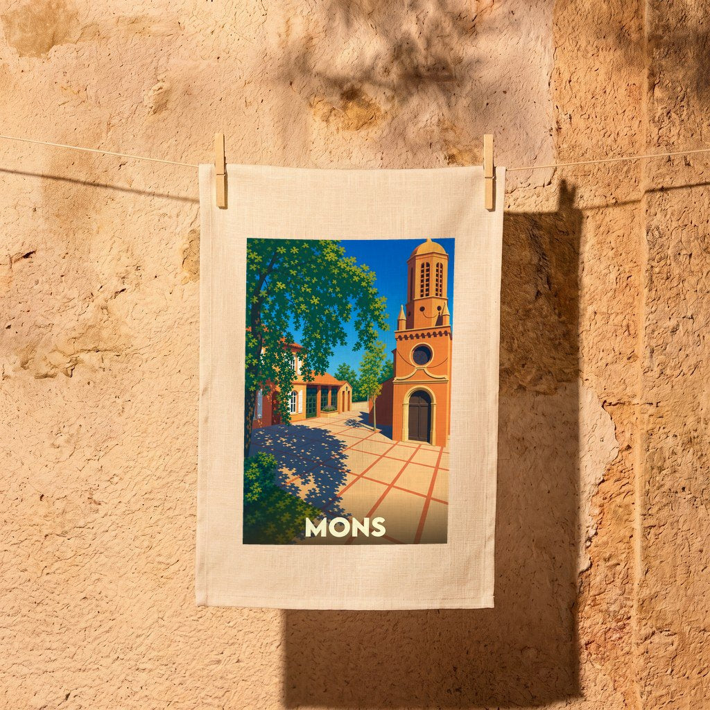 Torchon souvenir de la ville de Mons avec une illustration stylisée.