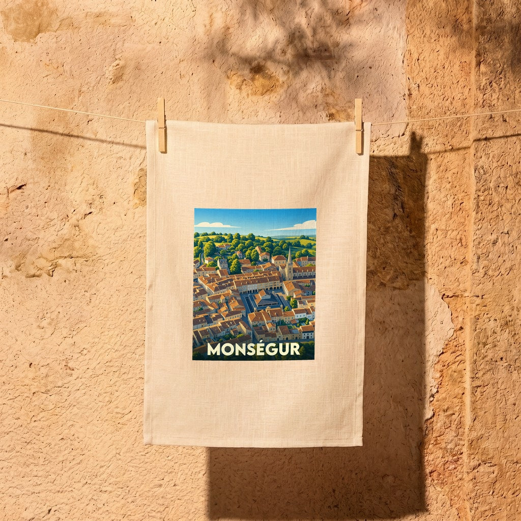 Torchon souvenir de la ville de Monségur avec une illustration stylisée d'une vue aérienne du village.