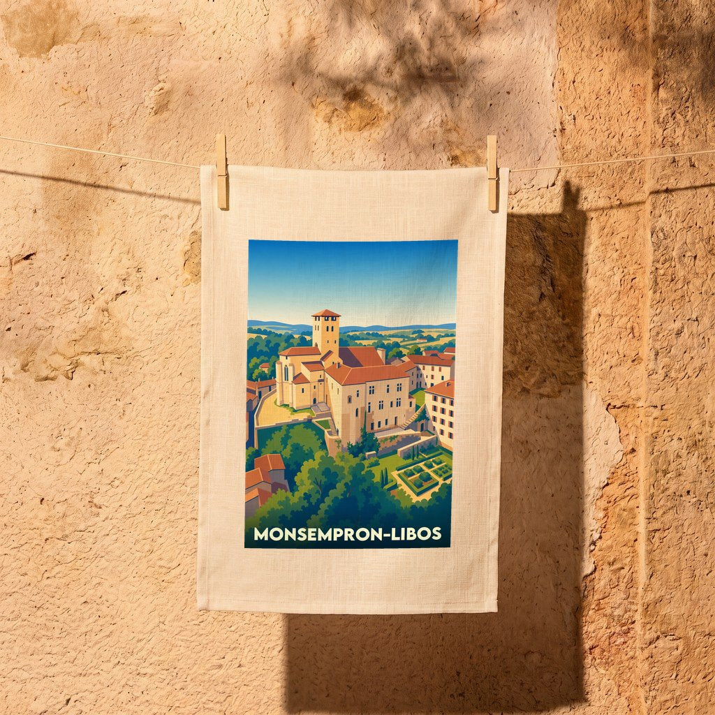 Torchon souvenir de la ville de Monsempron-Libos avec une illustration stylisée de son patrimoine architectural.