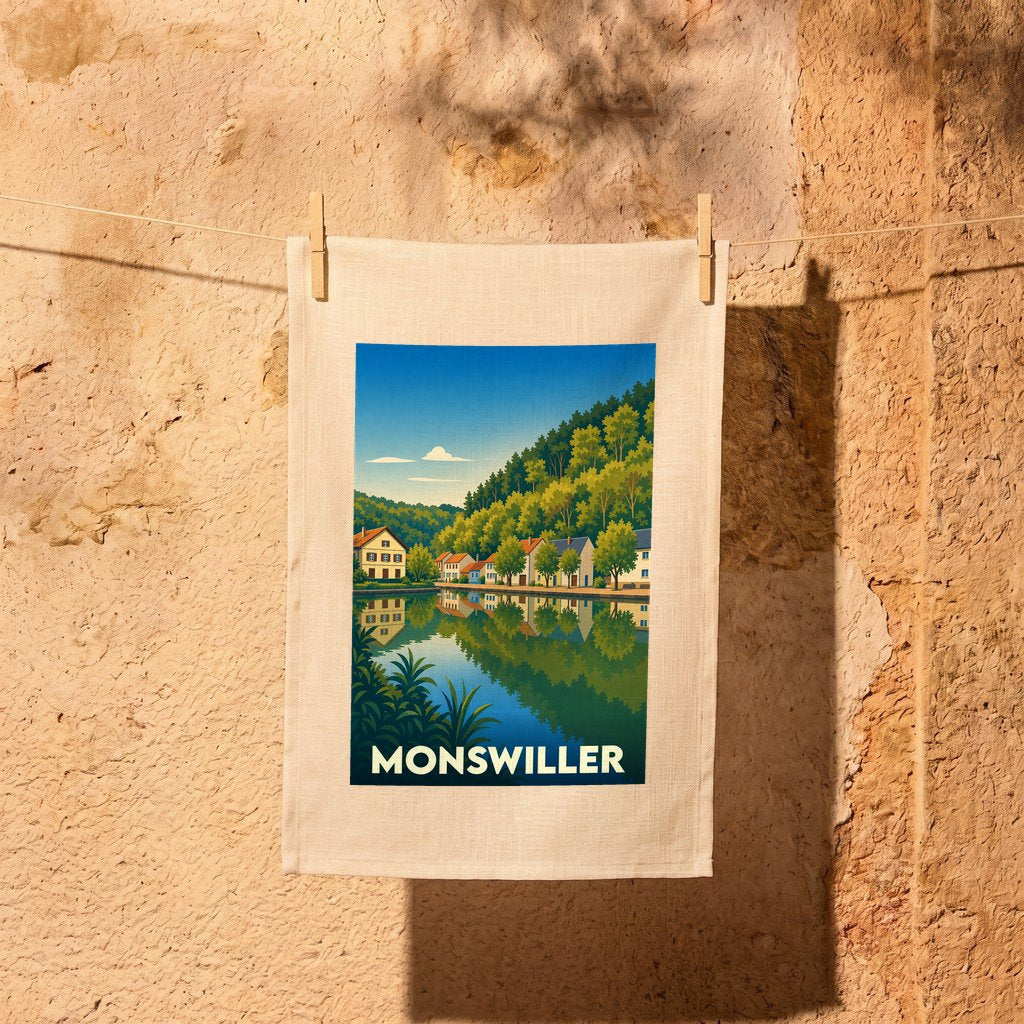 Torchon souvenir de la ville de Monswiller avec une illustration stylisée d'un paysage fluvial.