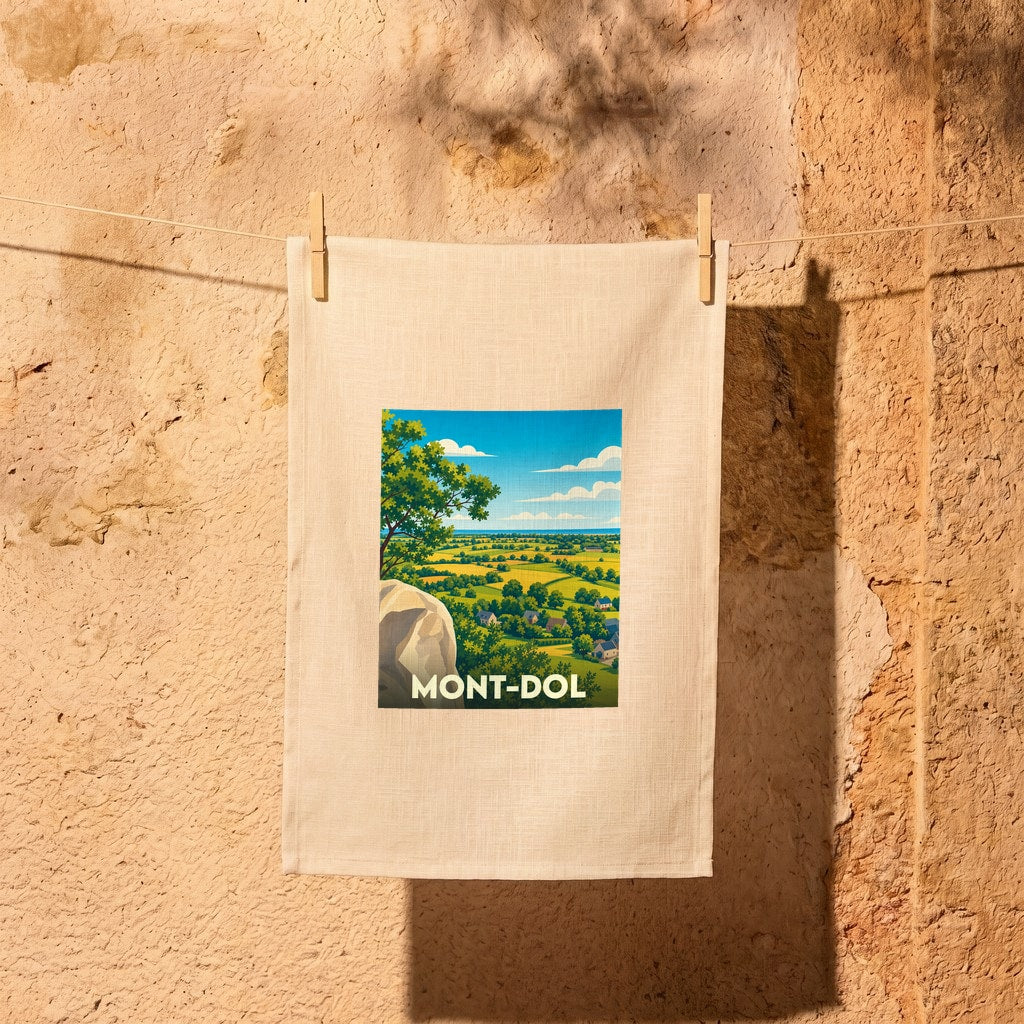 Torchon souvenir de la ville de Mont-Dol illustré d'un paysage panoramique stylisé.