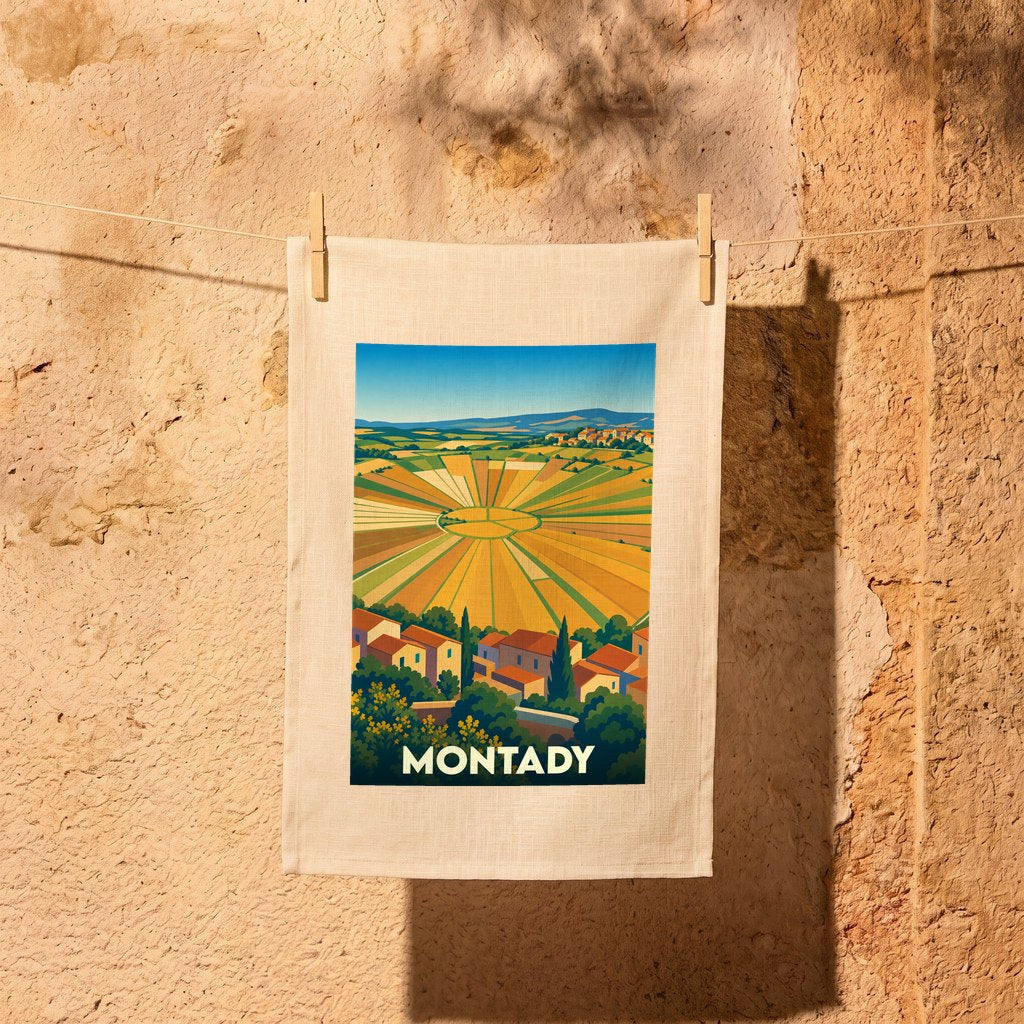 Torchon souvenir de la ville de Montady avec une illustration stylisée de son célèbre étang circulaire.
