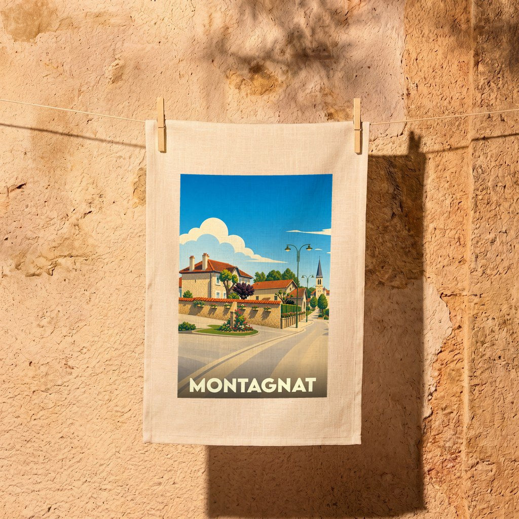 Torchon souvenir de la ville de Montagnat avec une illustration stylisée d'un paysage urbain.