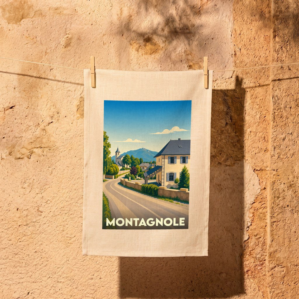 Torchon souvenir de la ville de Montagnole avec une illustration stylisée.