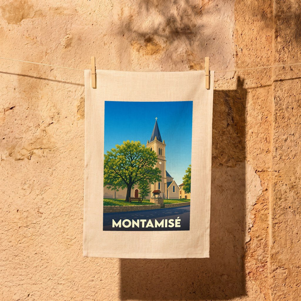Torchon souvenir de la ville de Montamisé avec une illustration stylisée de son église et d'un grand arbre.