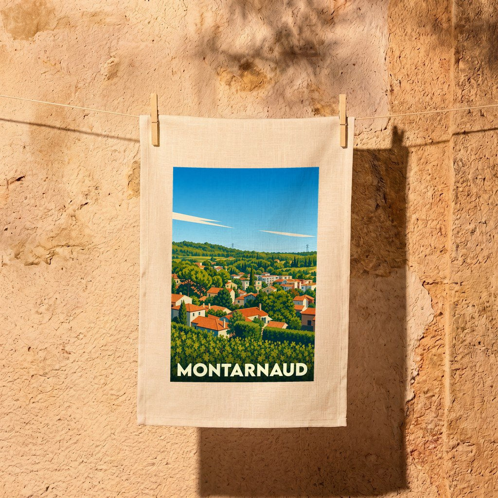 Torchon souvenir de la ville de Montarnaud illustré d'un paysage provençal stylisé.