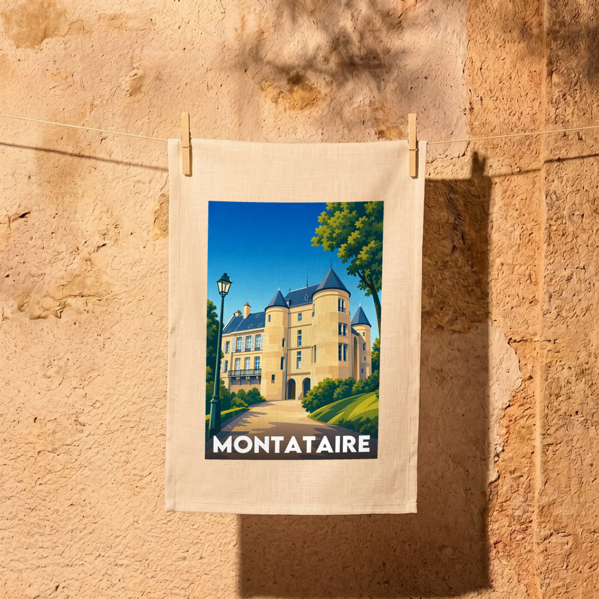 Torchon souvenir de la ville de Montataire avec une illustration stylisée de son château.