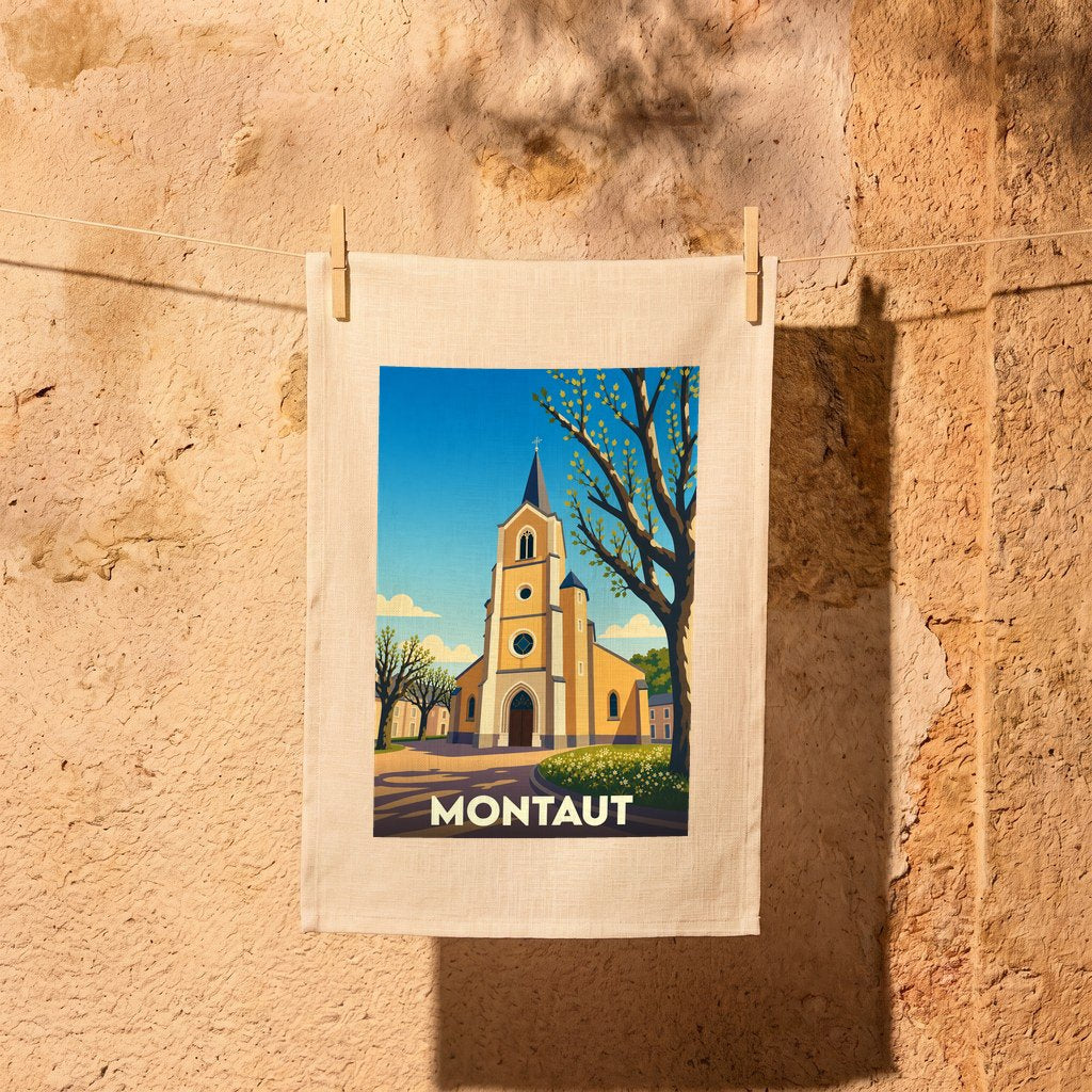 Torchon souvenir de la ville de Montaut orné d'une illustration stylisée de son église.