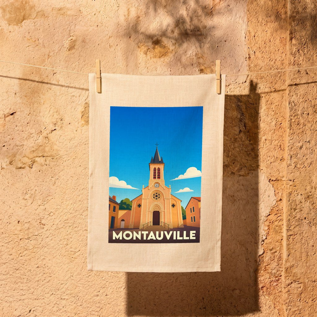 Torchon souvenir de la ville de Montauville avec une illustration stylisée d'une église.