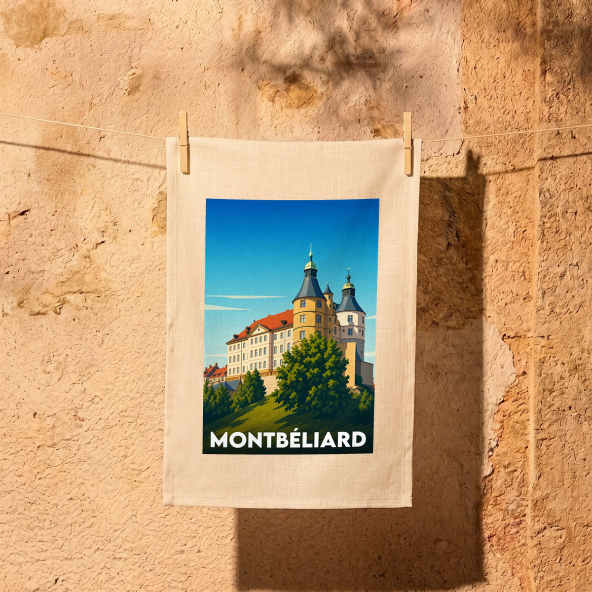Torchon souvenir de la ville de Montbéliard avec une illustration stylisée de son château.