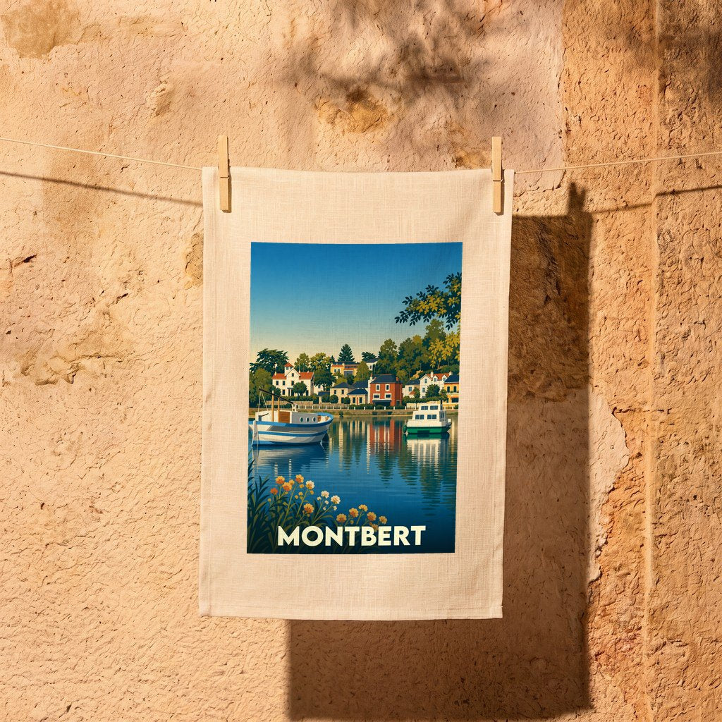 Torchon souvenir de la ville de Montbert orné d'une illustration stylisée de son front de mer et de bateaux.