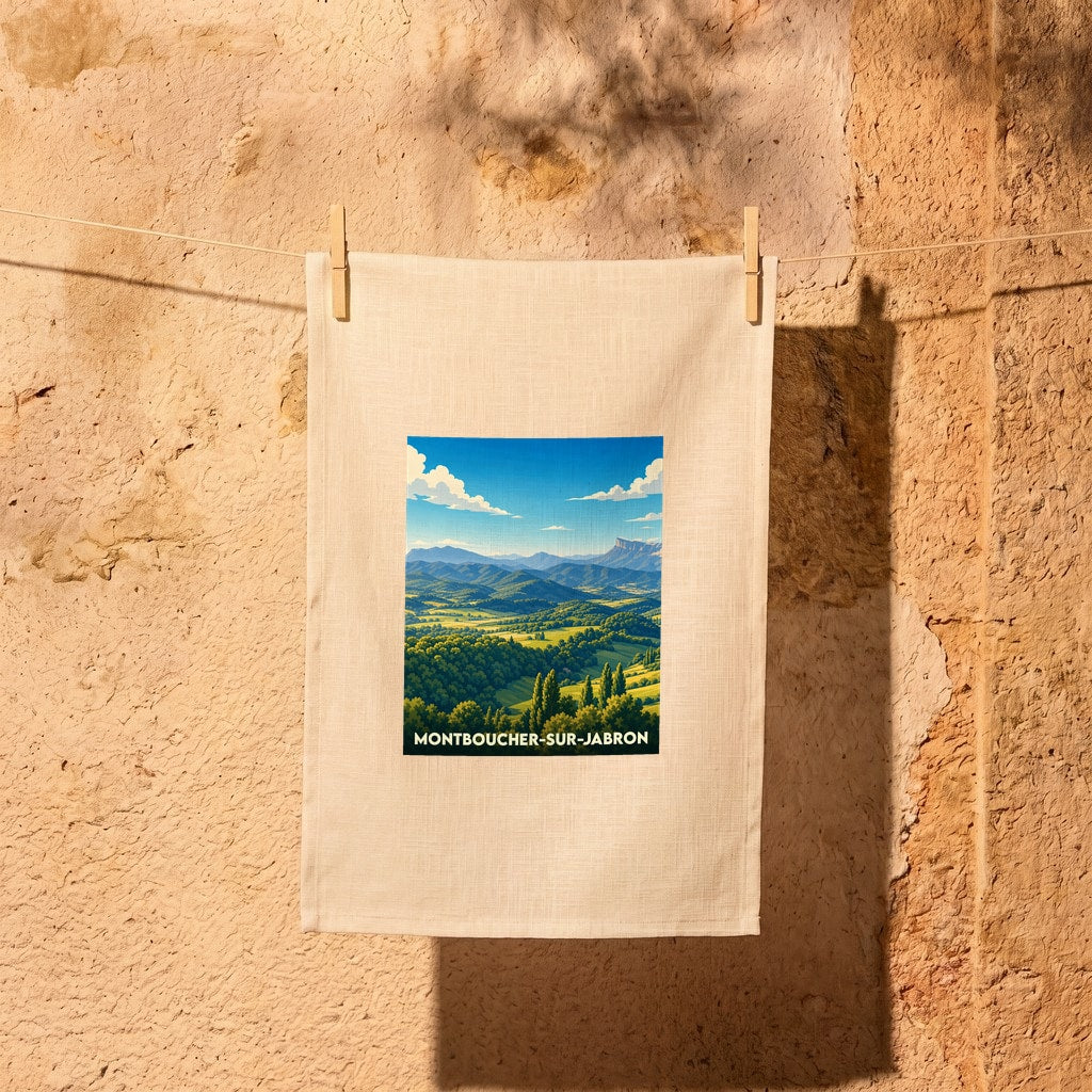 Torchon souvenir de la ville de Montboucher-sur-Jabron avec une illustration de paysage de collines et montagnes.