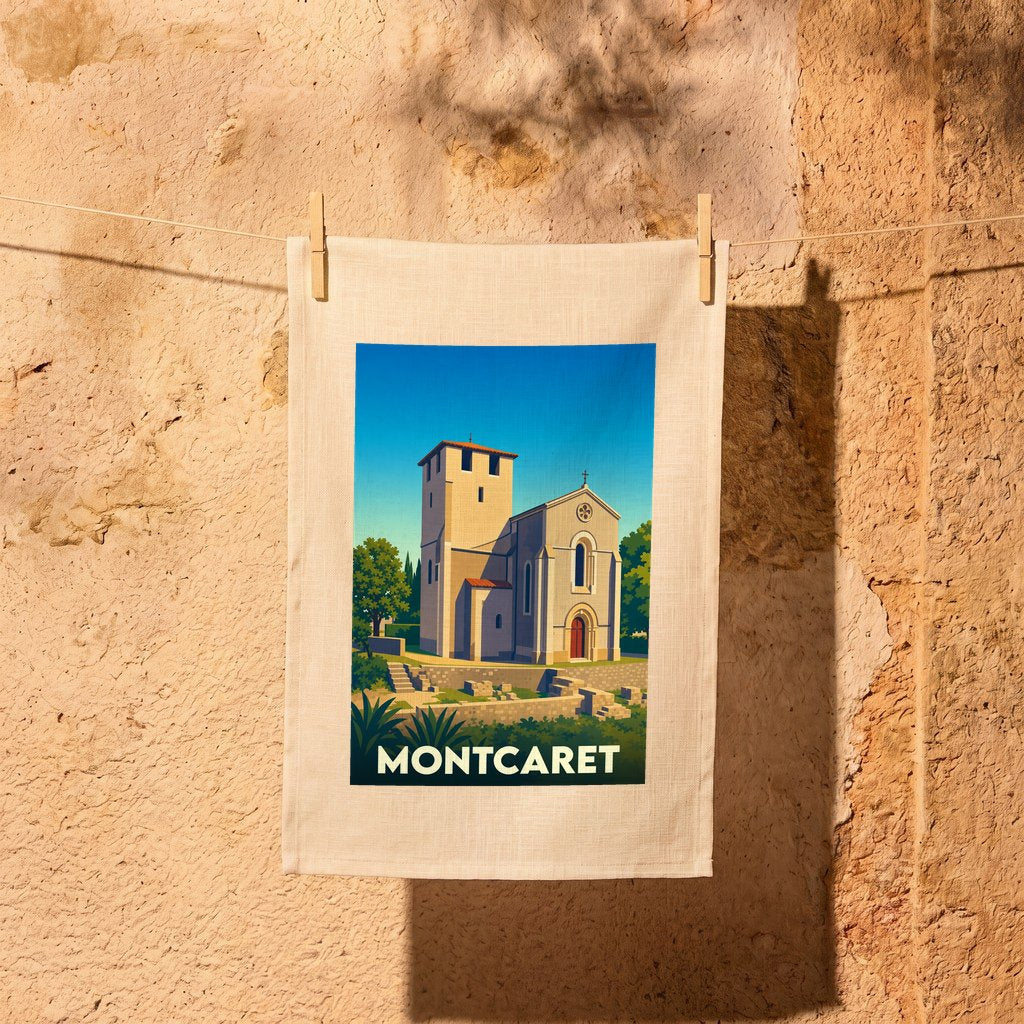 Torchon souvenir de la ville de Montcaret orné d'une illustration stylisée de son église et de ses vestiges gallo-romains.