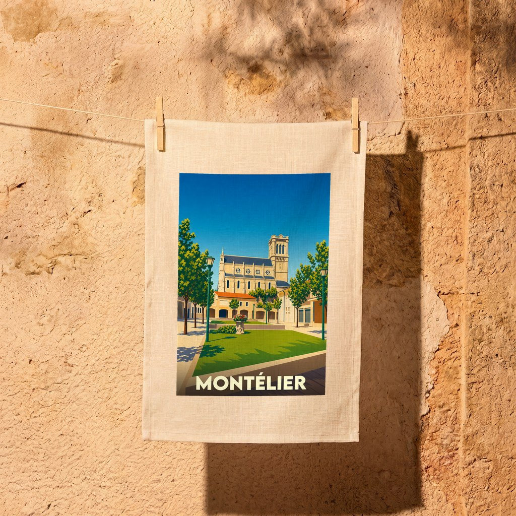 Torchon souvenir de la ville de Montélier avec une illustration stylisée.