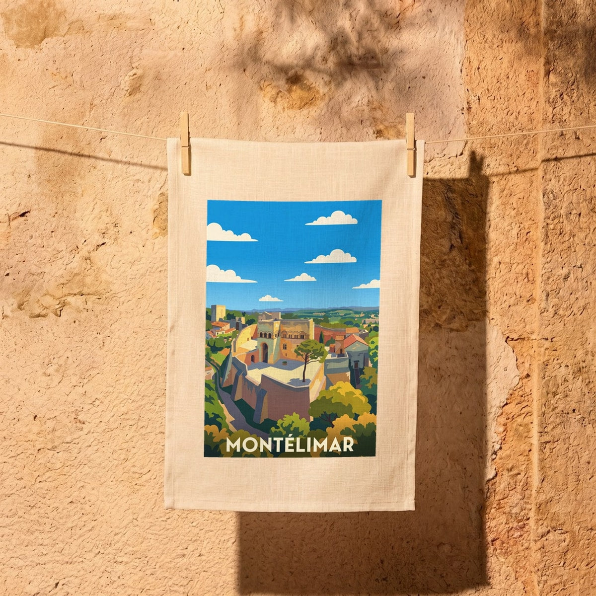 Torchon souvenir de la ville de Montélimar avec une illustration stylisée.