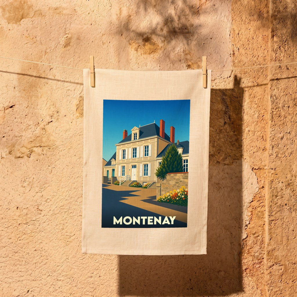 Torchon souvenir de la ville de Montenay avec une illustration stylisée d'une maison bourgeoise.
