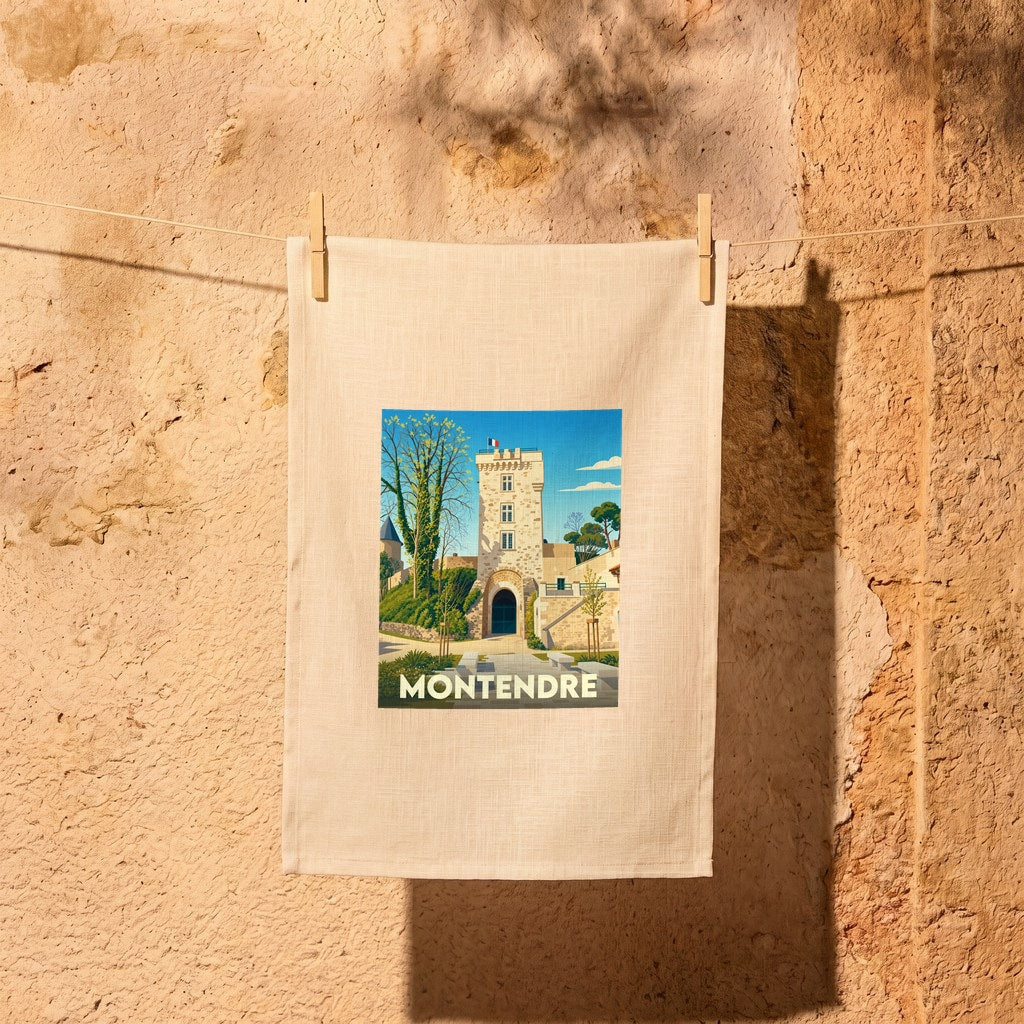 Torchon souvenir de la ville de Montendre avec une illustration stylisée d'une tour médiévale.