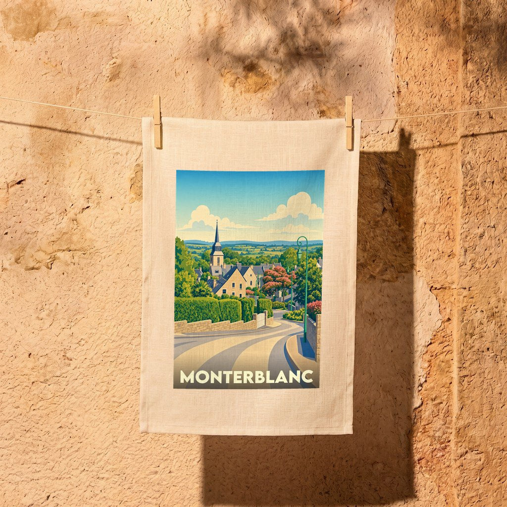 Torchon souvenir de la ville de Monterblanc avec une illustration stylisée.