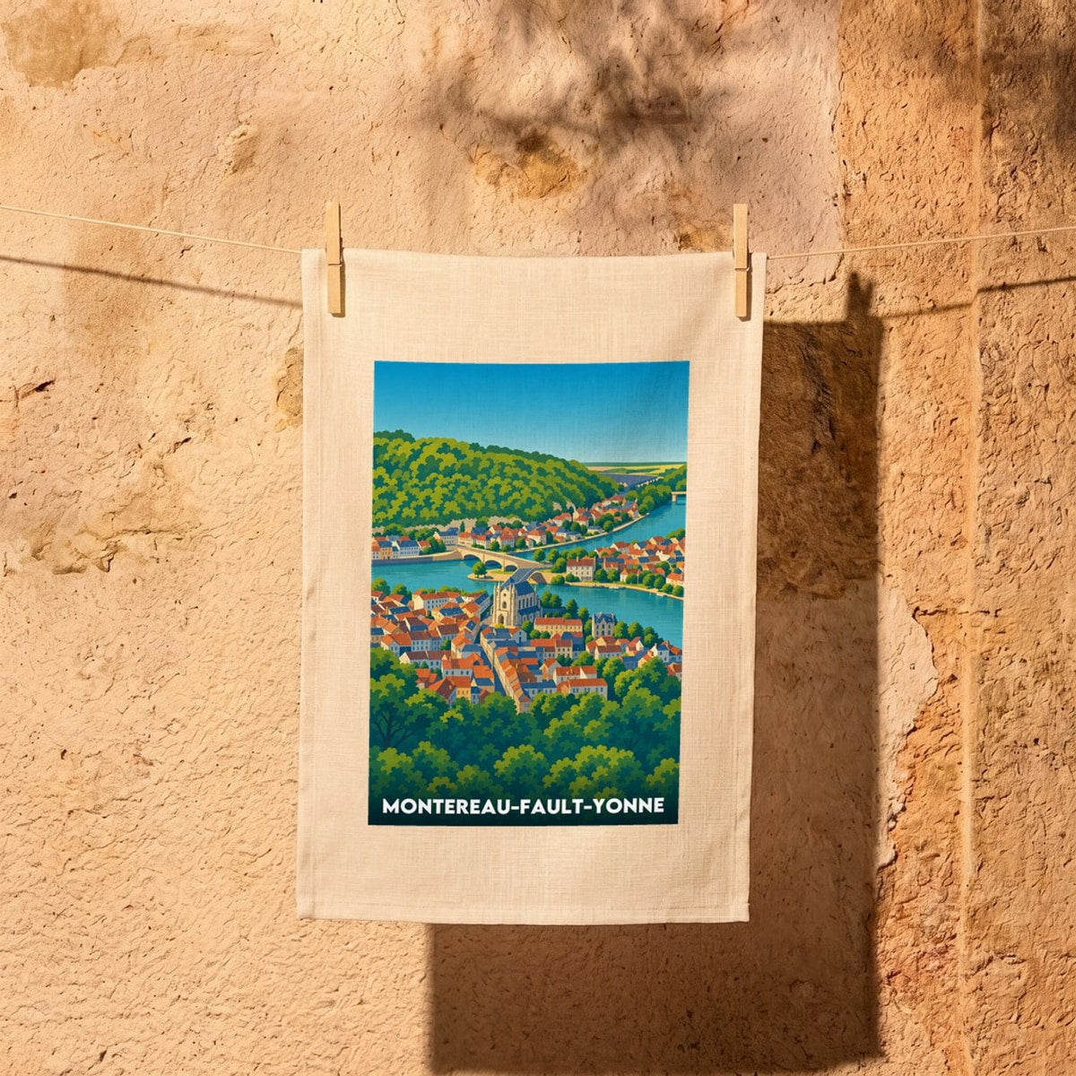 Torchon souvenir de la ville de Montereau-Fault-Yonne illustré par un paysage coloré de la ville au bord de l'eau.