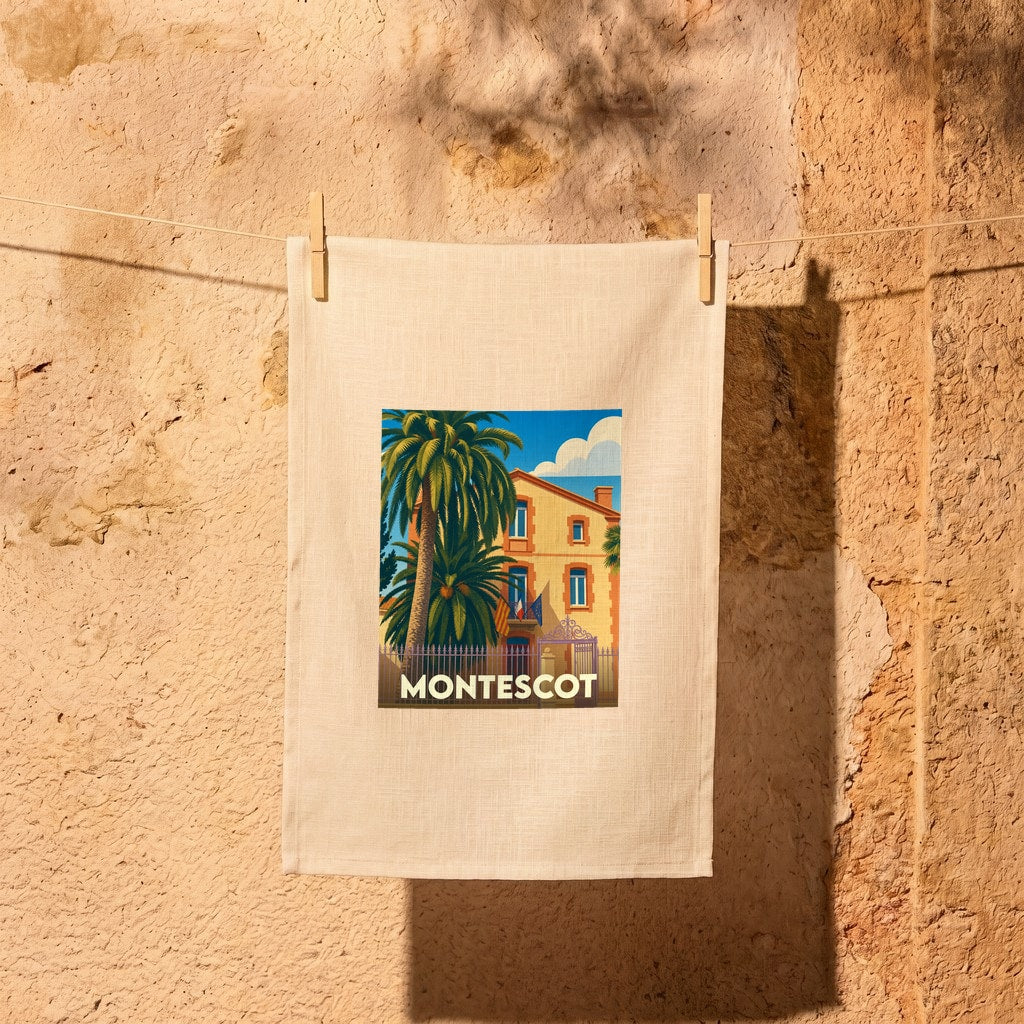 Torchon souvenir de la ville de Montescot avec une illustration colorée d'une villa sous les palmiers.