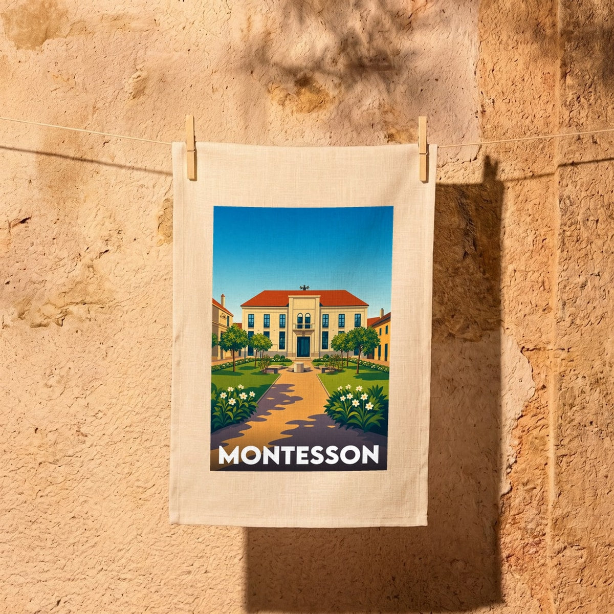 Torchon souvenir de la ville de Montesson avec une illustration stylisée de son hôtel de ville et d'un jardin.