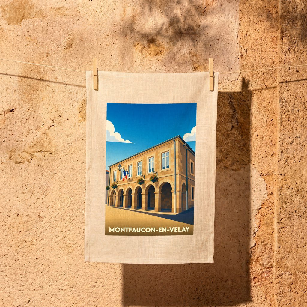 Torchon souvenir de la ville de Montfaucon-en-Velay avec une illustration stylisée de sa mairie.