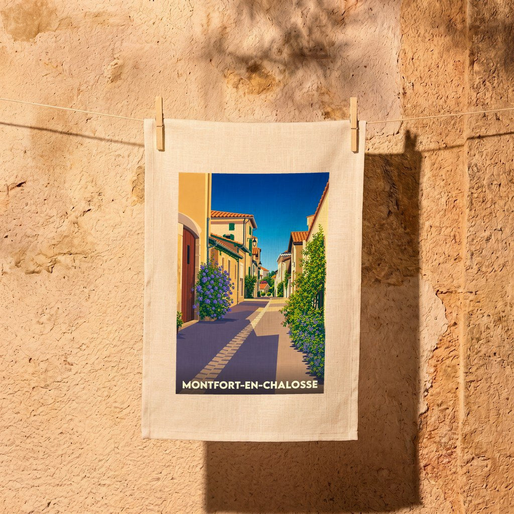 Torchon souvenir de la ville de Montfort-en-Chalosse avec une illustration stylisée d'une rue ensoleillée.